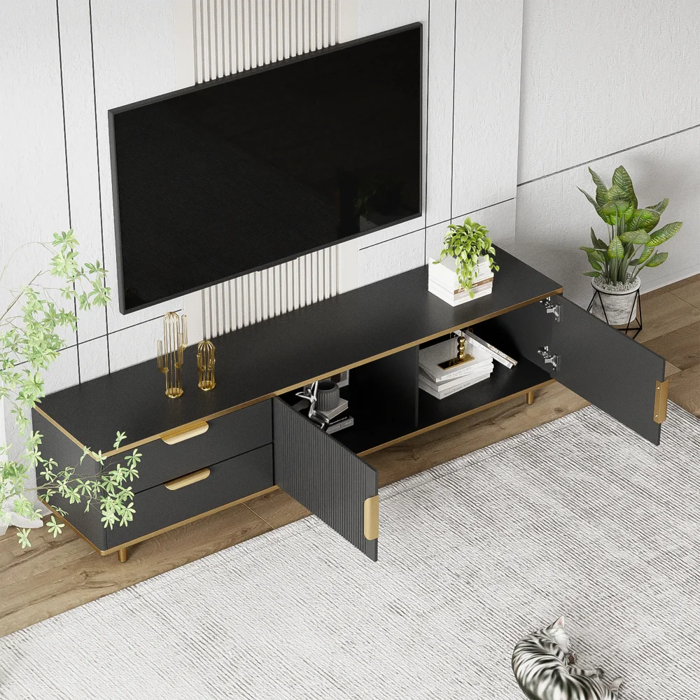 Meuble TV Noir Mat 175 cm – Pieds Métal Doré – Style Contemporain