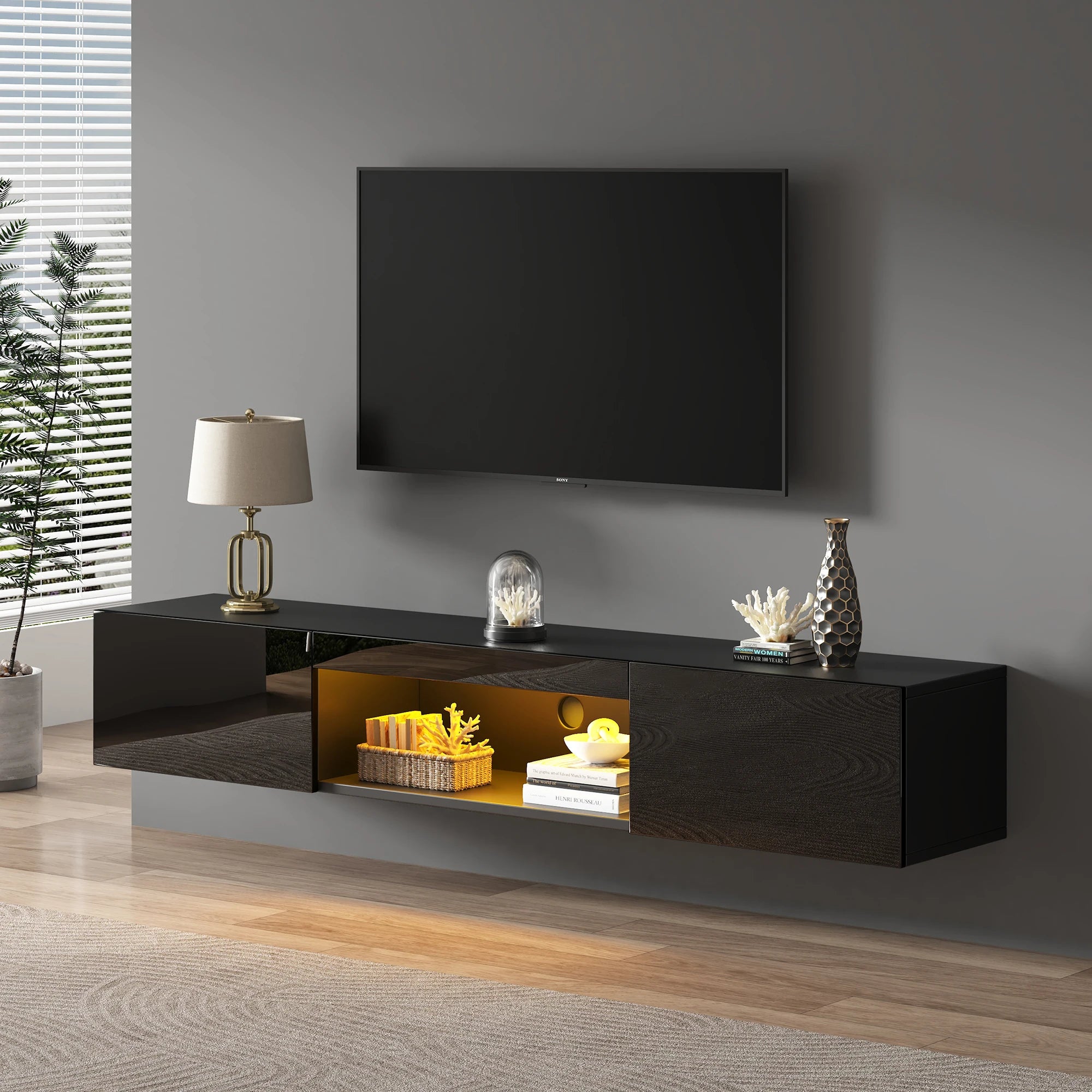 Meuble TV Bas 160 cm – LED Bluetooth – Noir