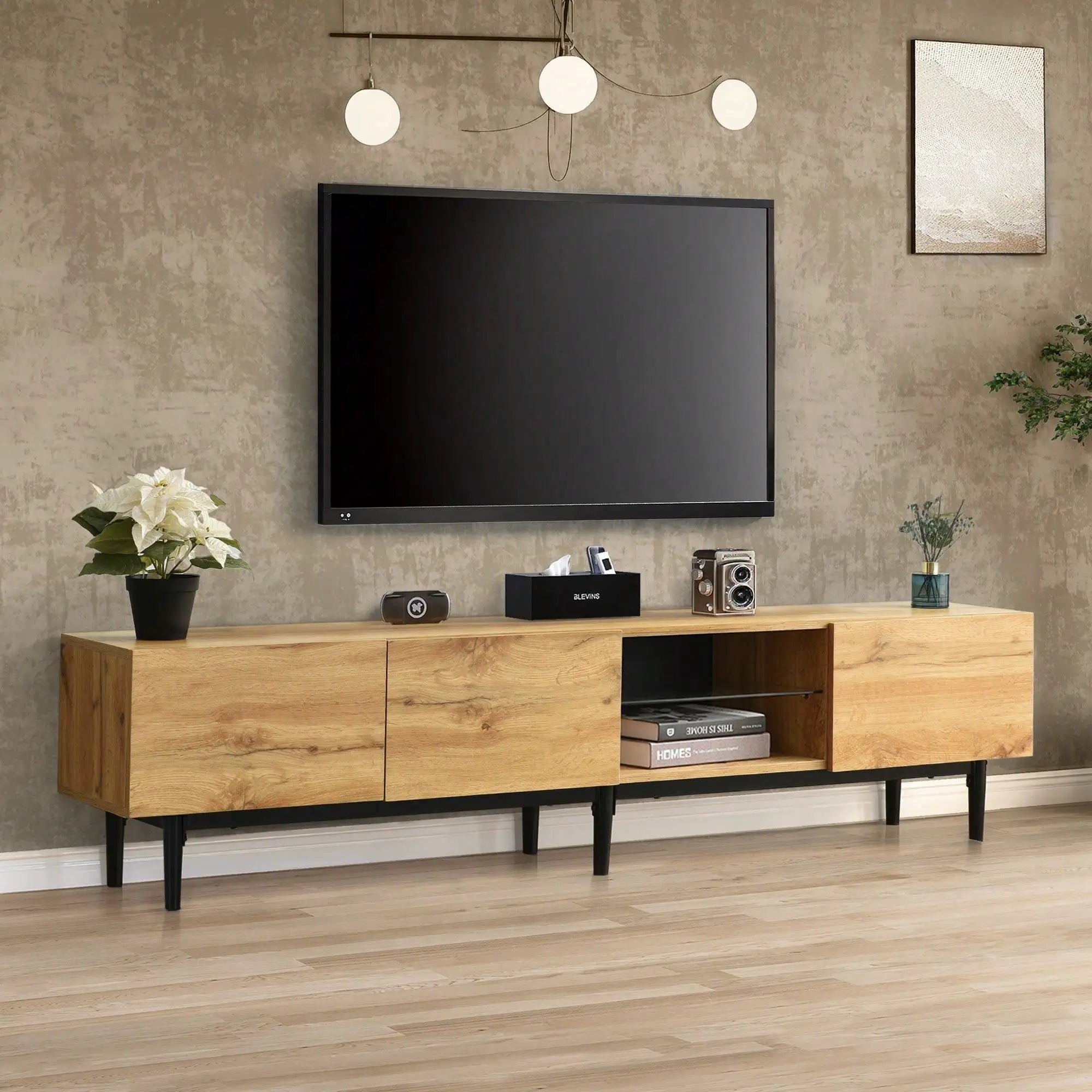 Meuble TV 175 cm Bois Naturel – Style Industriel avec Pieds Métal Noir