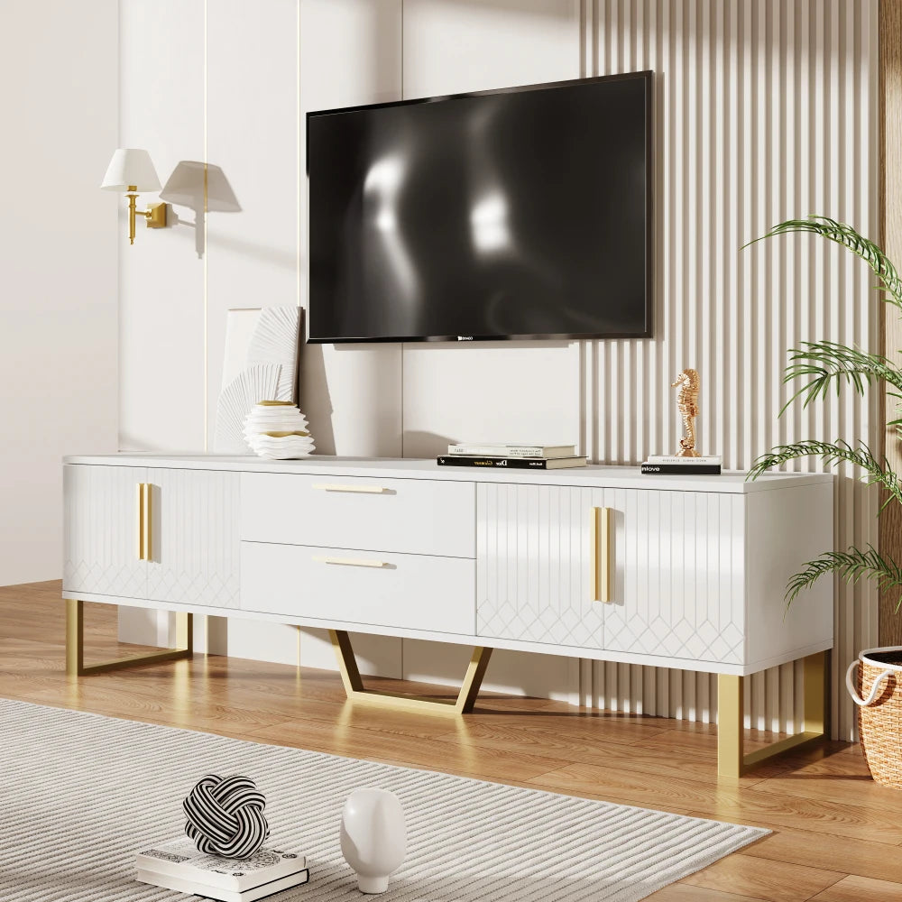 Meuble TV GOLDENIA – 170 cm – Blanc Laqué & Pieds Dorés – Design Élégant