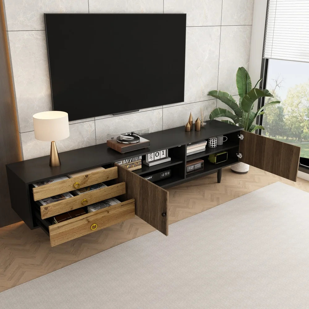 Meuble TV SIENA – 180 cm – Bois Naturel & Noir – Façade Texturée