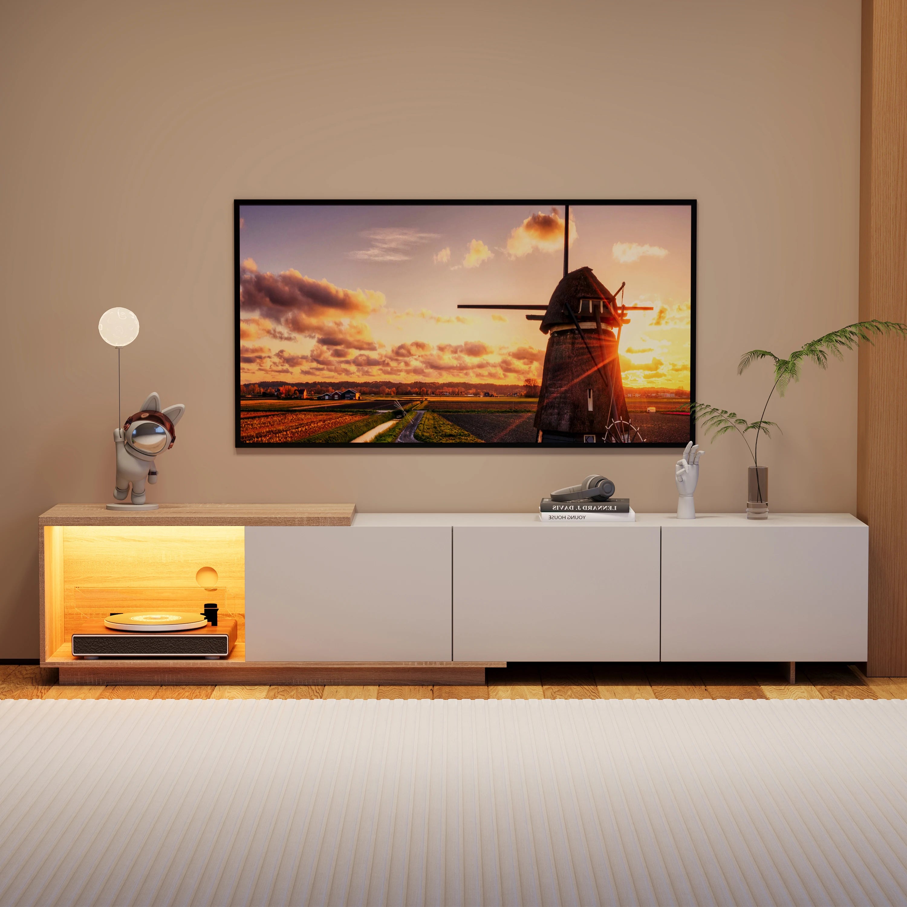Meuble TV 180 cm Blanc et Bois Clair avec LED – Style Scandinave Moderne