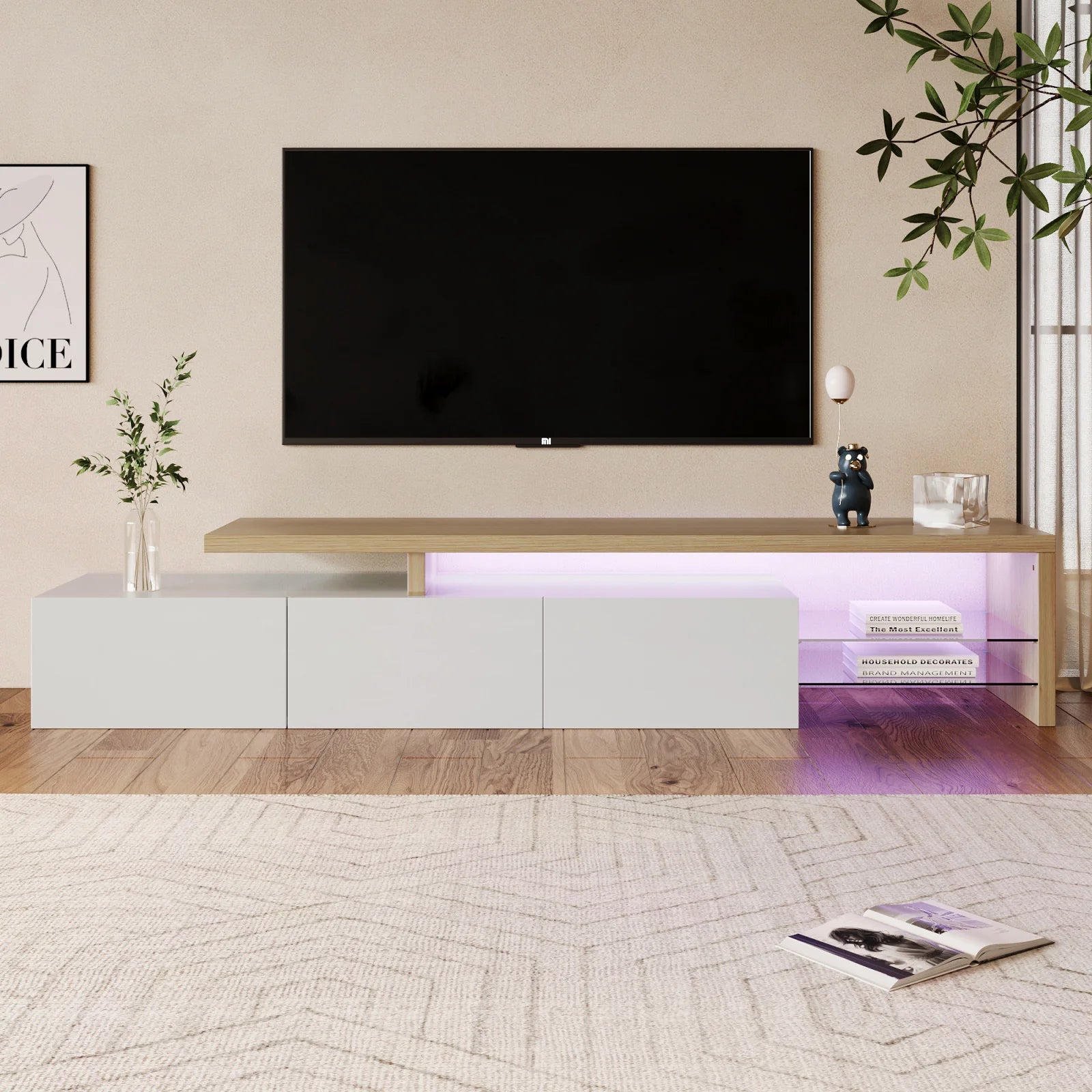 Meuble TV 200 cm Blanc et Bois Clair – Style Scandinave avec Rangements