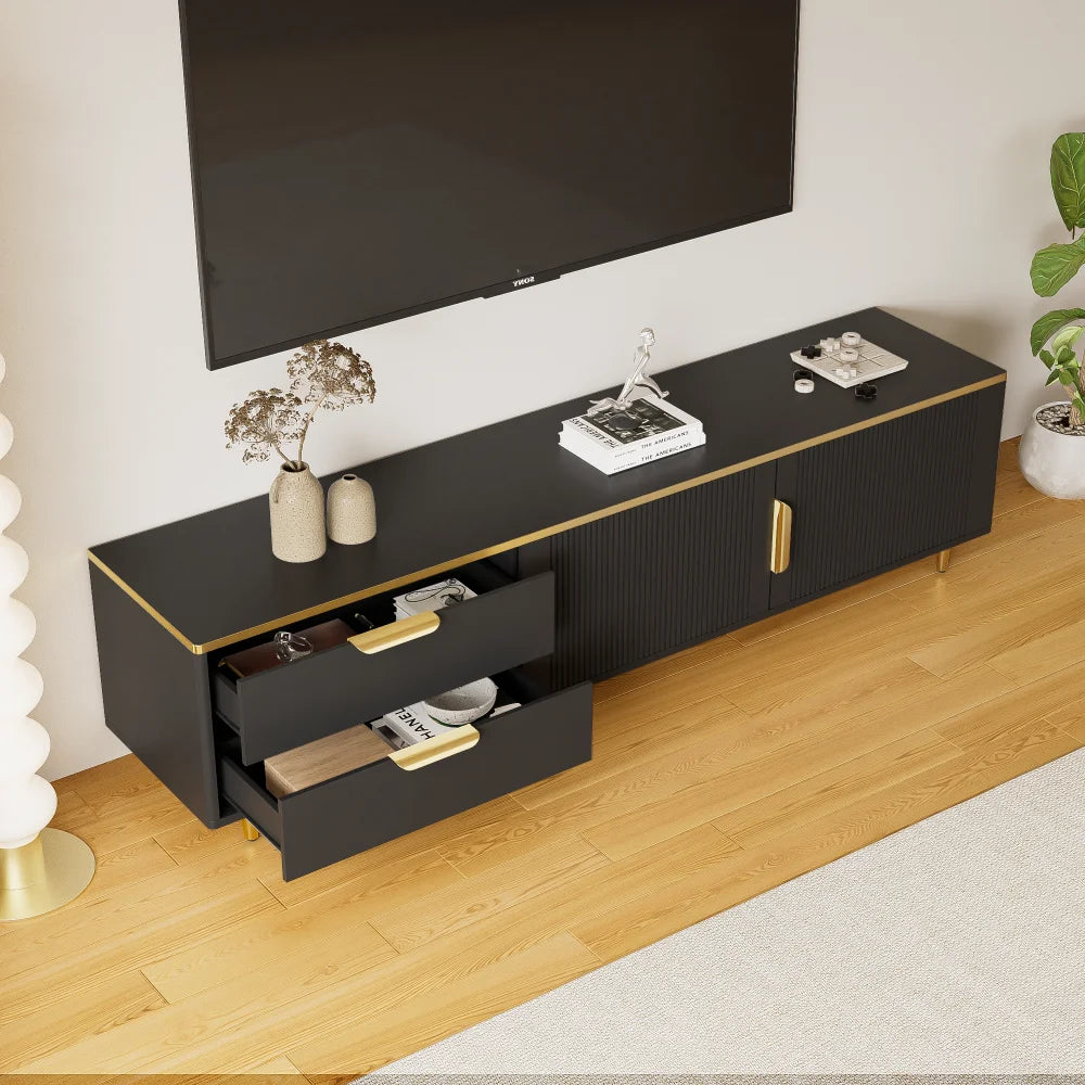Meuble TV Noir Mat 175 cm – Pieds Métal Doré – Style Contemporain
