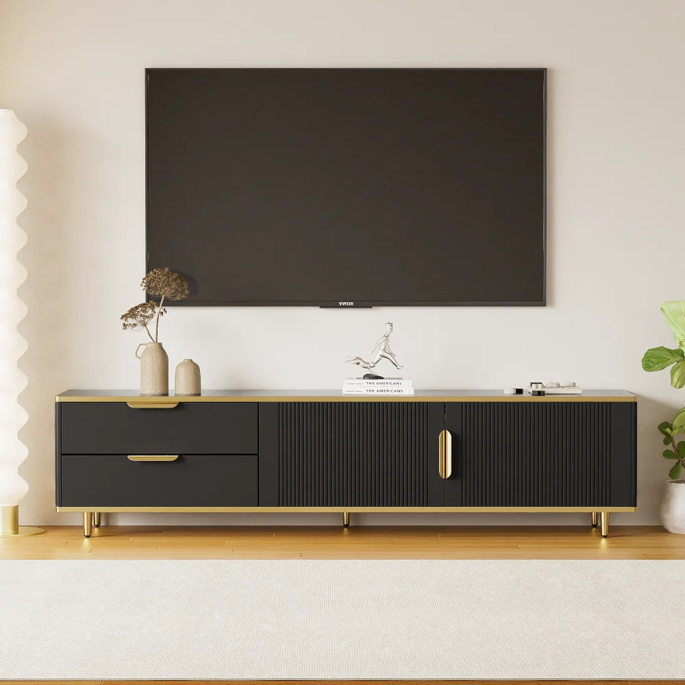 Meuble TV Noir Mat 175 cm – Pieds Métal Doré – Style Contemporain