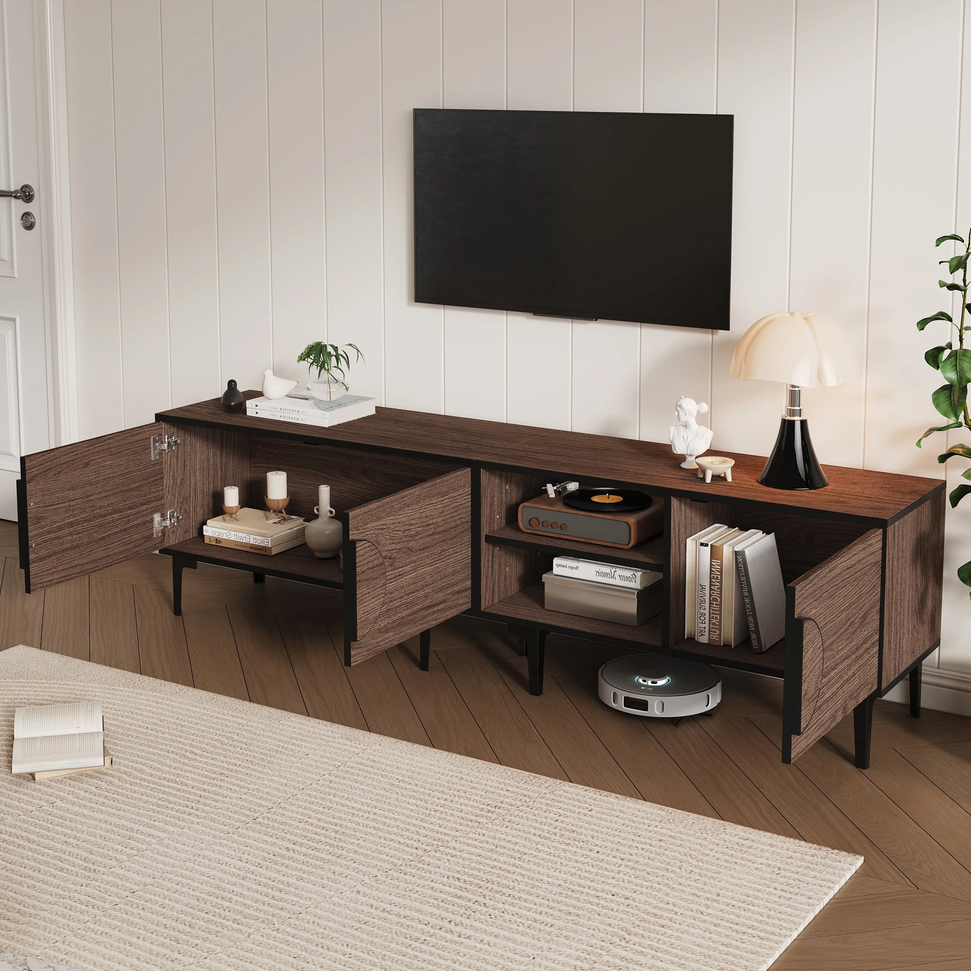 Meuble TV 180 cm Bois Foncé – Pieds Métal Noir Style Industriel
