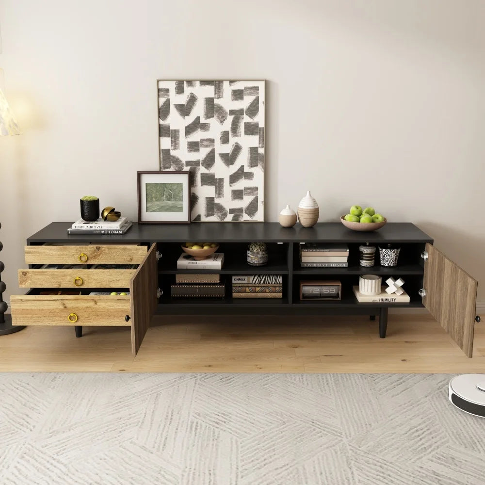 Meuble TV SIENA – 180 cm – Bois Naturel & Noir – Façade Texturée