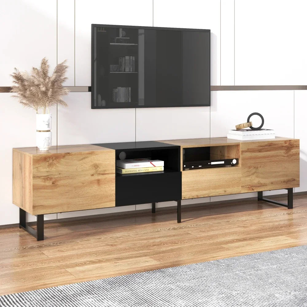 Meuble TV NERO – 190 cm – Bois Naturel & Noir – Style Loft
