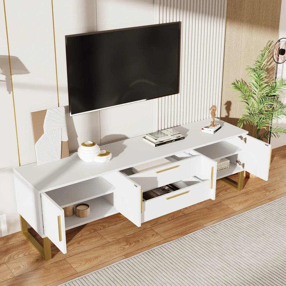 Meuble TV GOLDENIA – 170 cm – Blanc Laqué & Pieds Dorés – Design Élégant