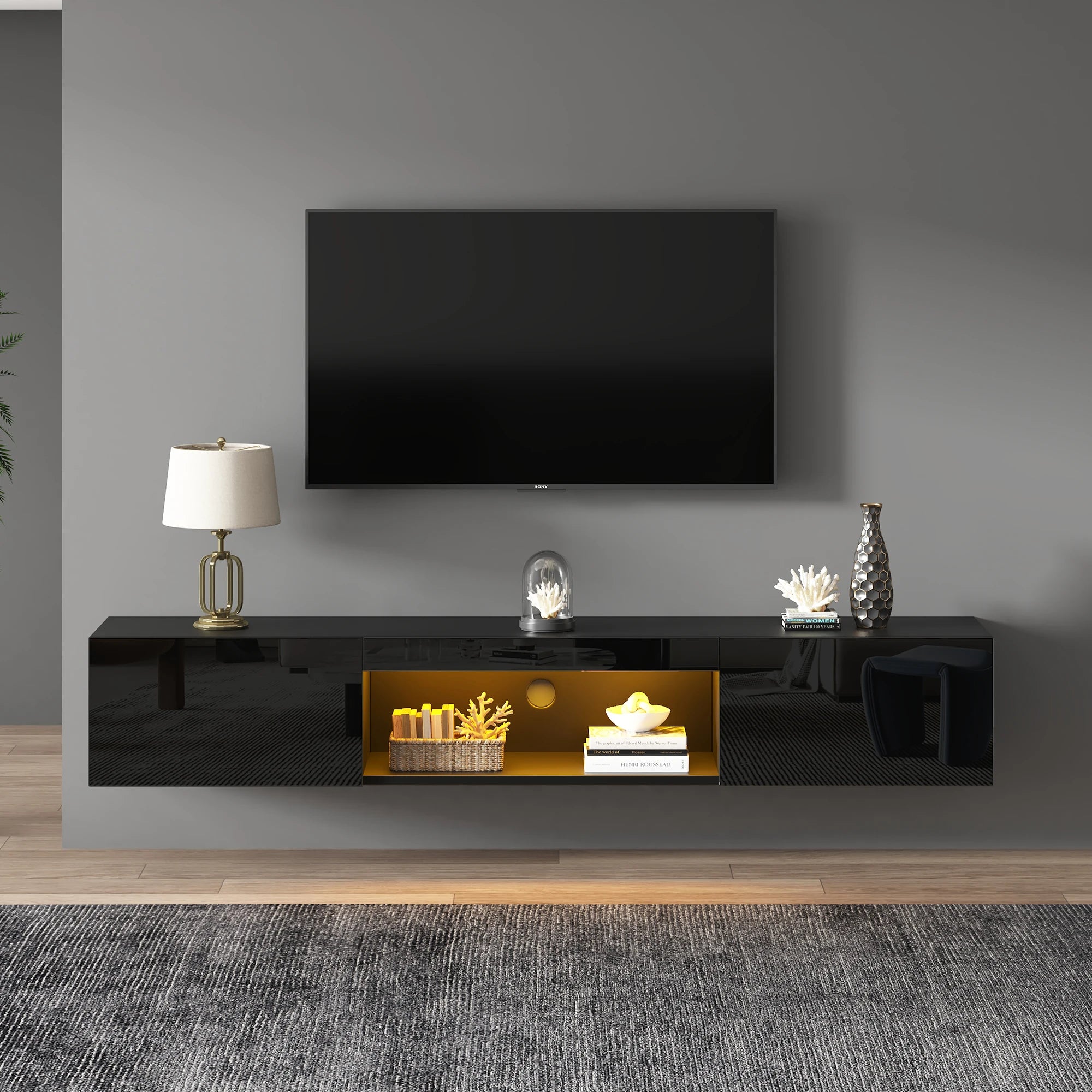 Meuble TV Bas 160 cm – LED Bluetooth – Noir