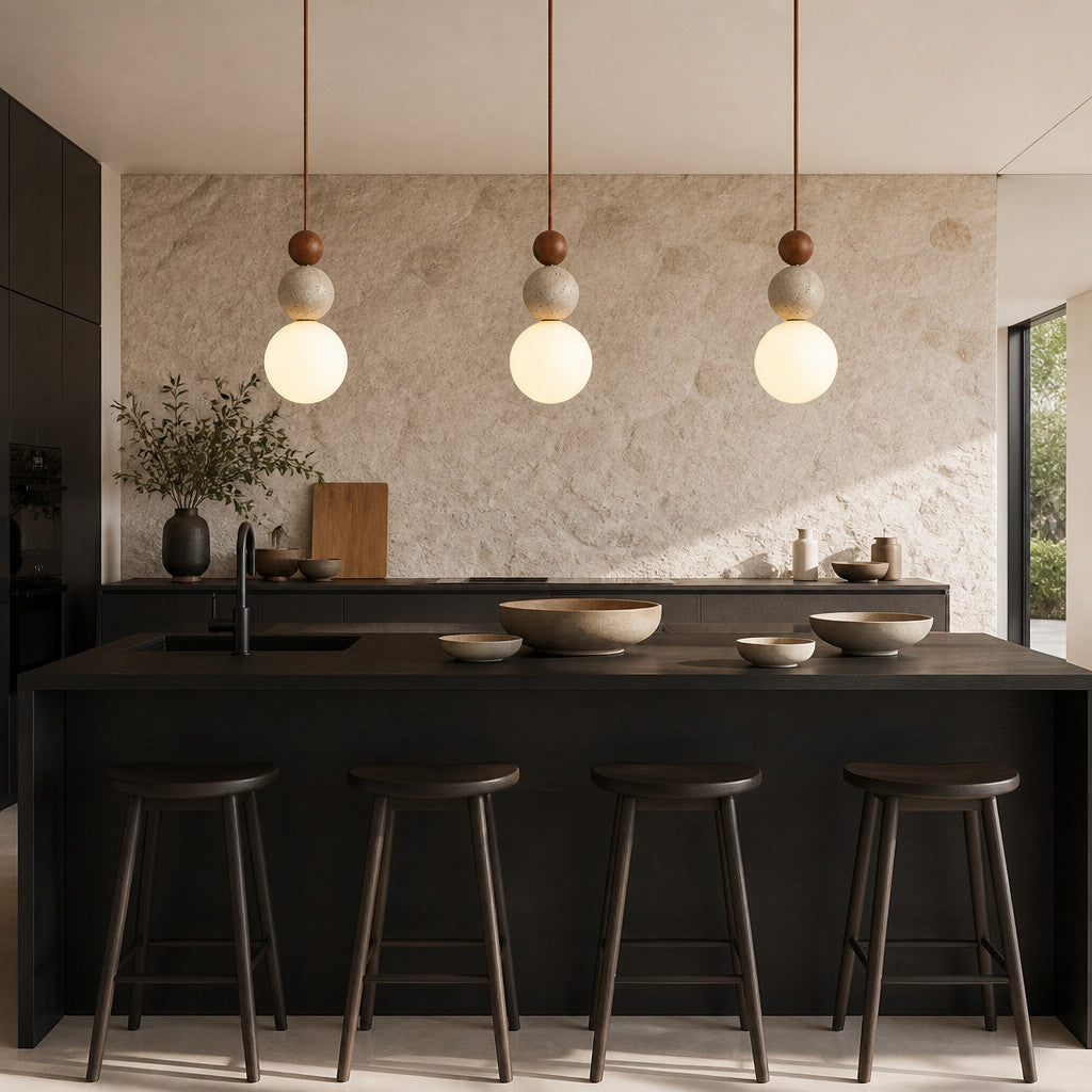 Suspension Luminaire Grappe Boules Travertin – Accent Bois