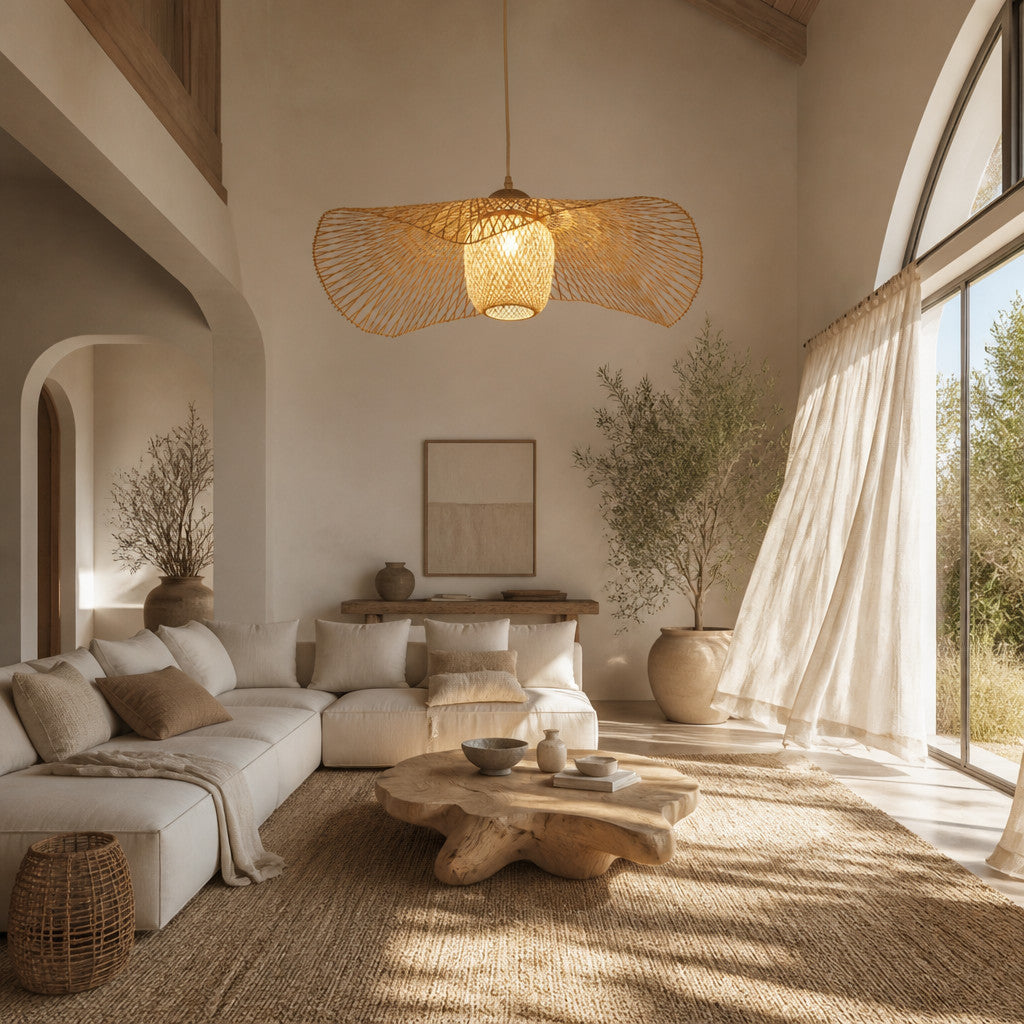 Suspension Luminaire Rotin Design Japonais Wabi Sabi – Forme Éventail