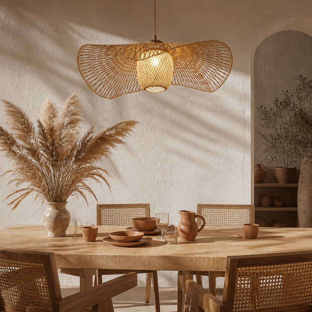 Suspension Luminaire Rotin Design Japonais Wabi Sabi – Forme Éventail