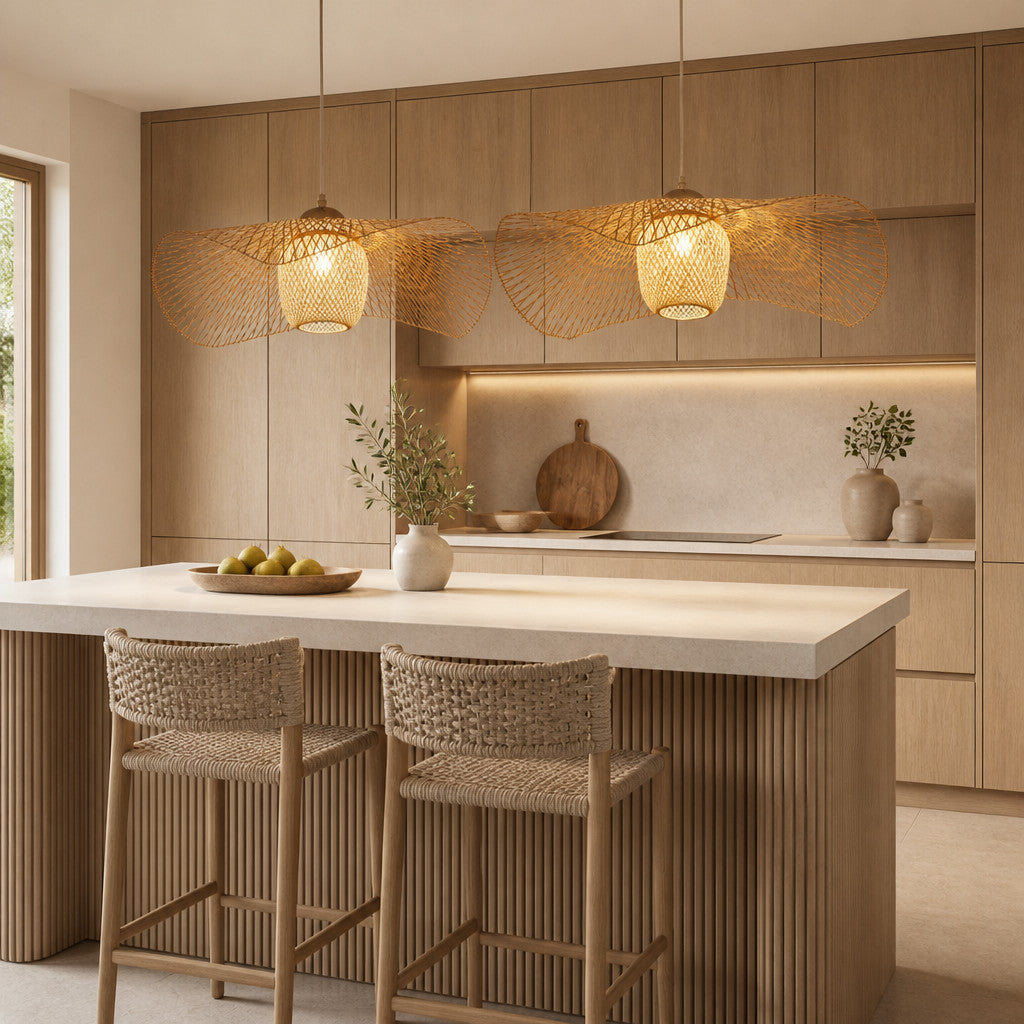 Suspension Luminaire Rotin Design Japonais Wabi Sabi – Forme Éventail