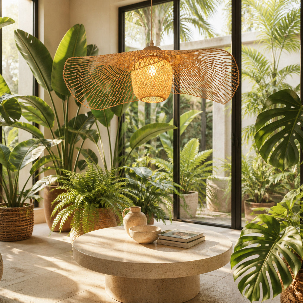 Suspension Luminaire Rotin Design Japonais Wabi Sabi – Forme Éventail