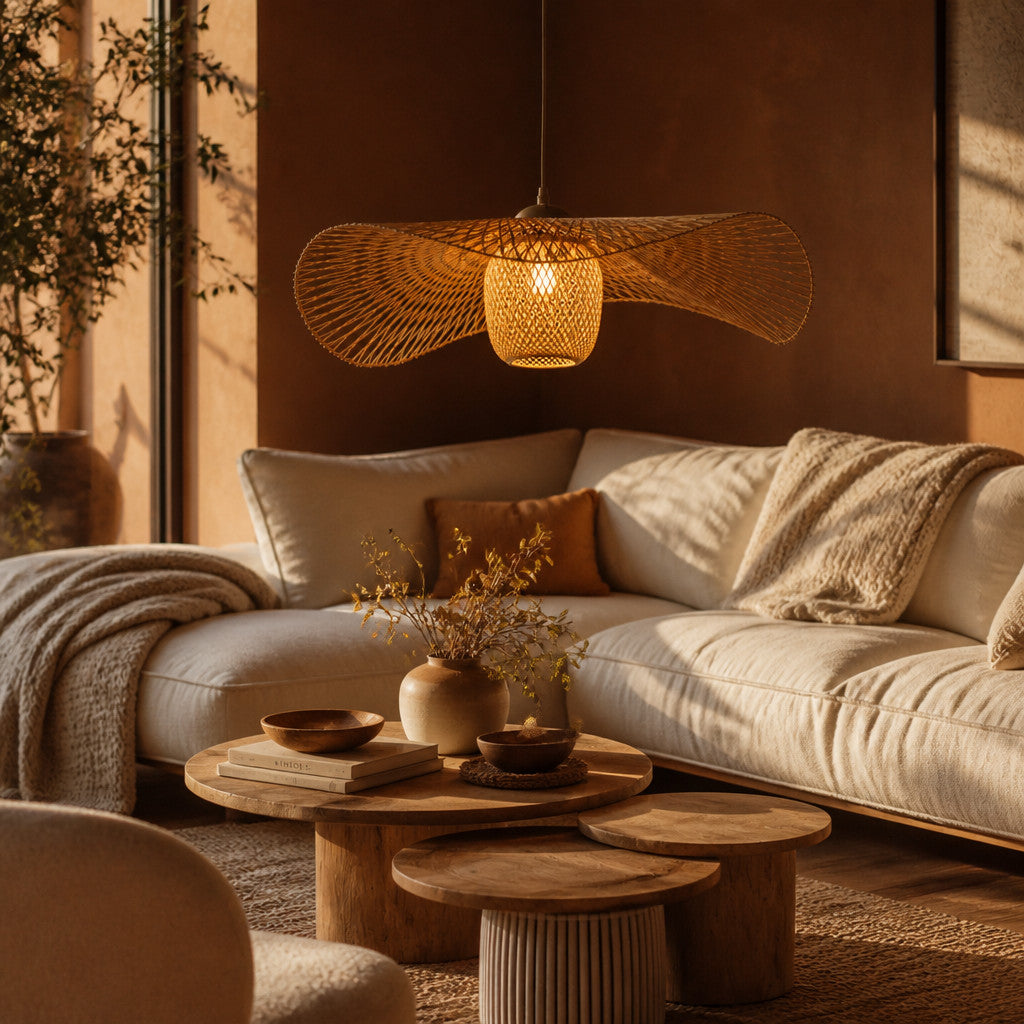 Suspension Luminaire Rotin Design Japonais Wabi Sabi – Forme Éventail