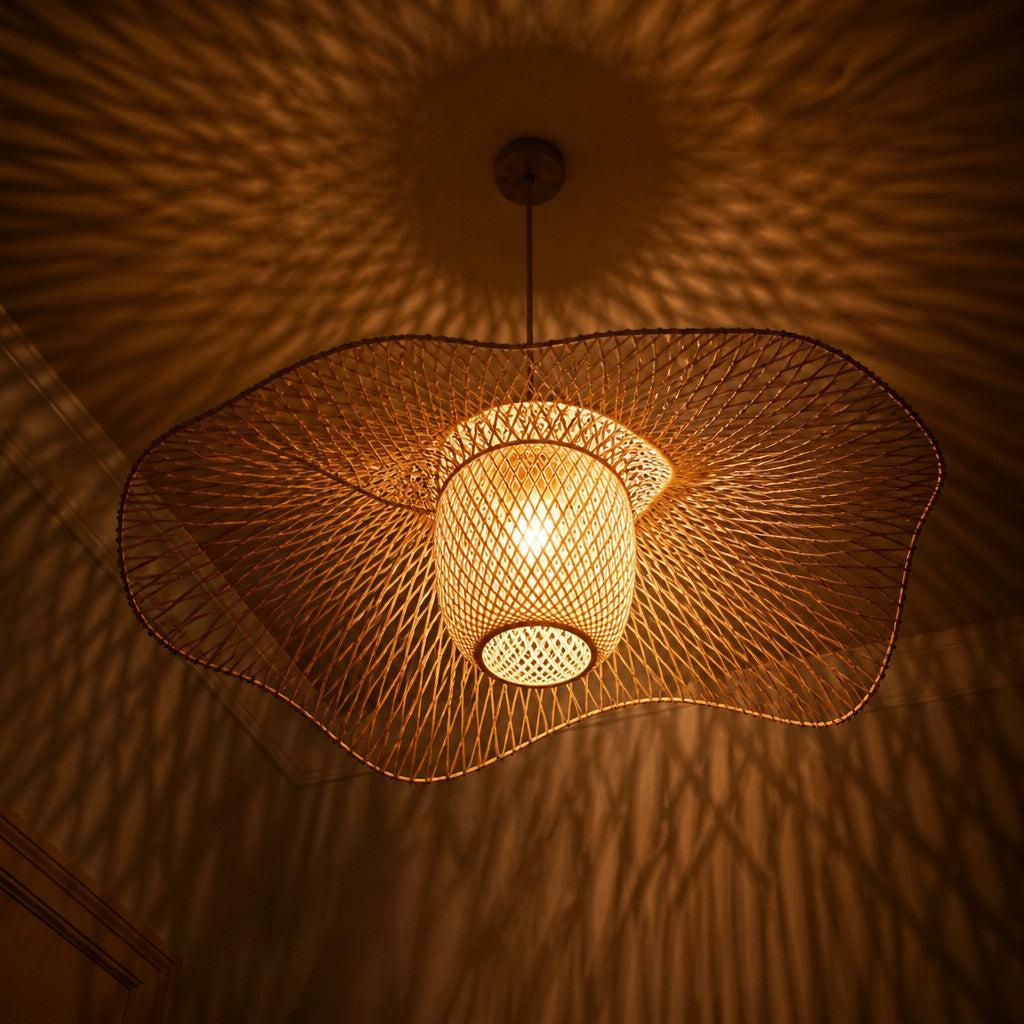 Suspension Luminaire Rotin Design Japonais Wabi Sabi – Forme Éventail