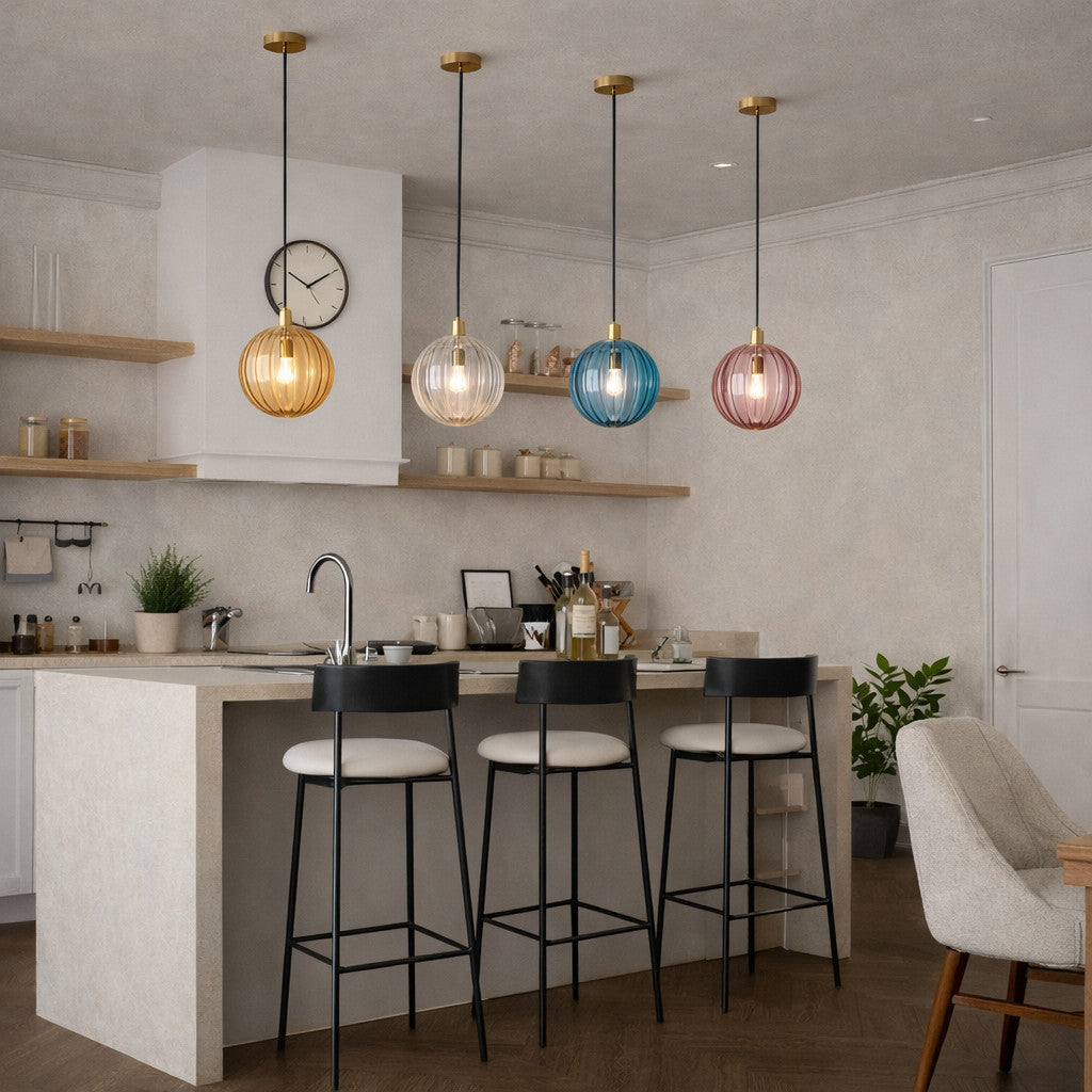 Suspension Luminaire Boule Verre Soufflé Strié – LED Intégrée