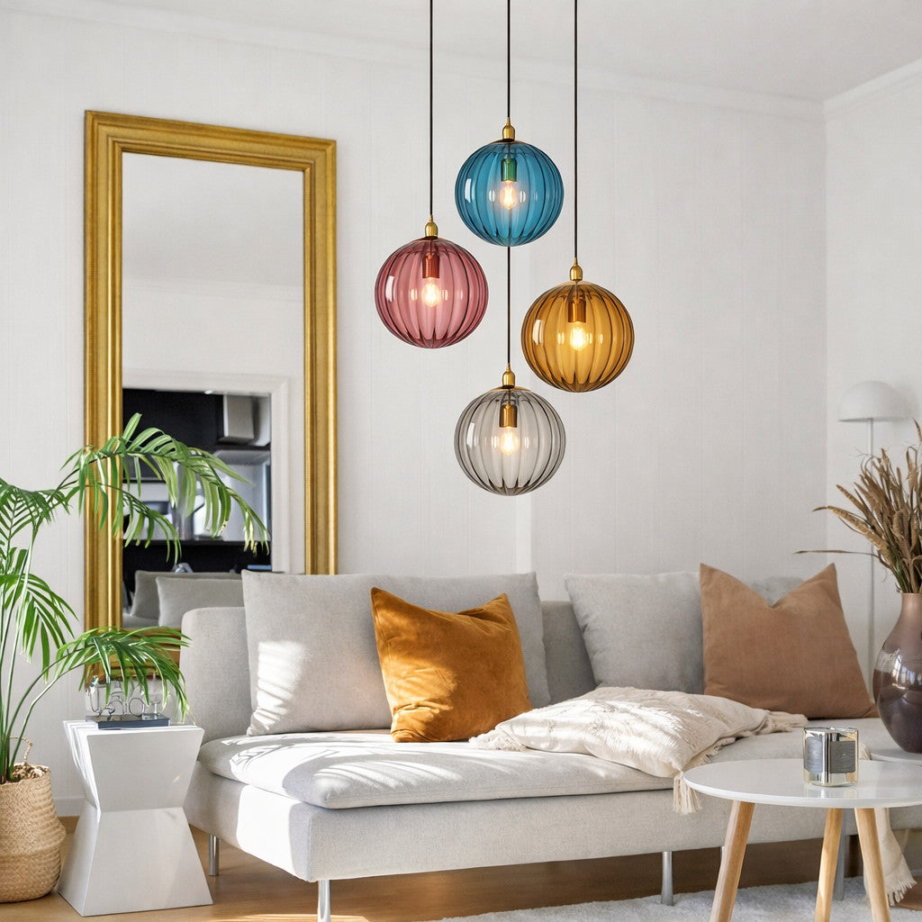 Suspension Luminaire Boule Verre Soufflé Strié – LED Intégrée