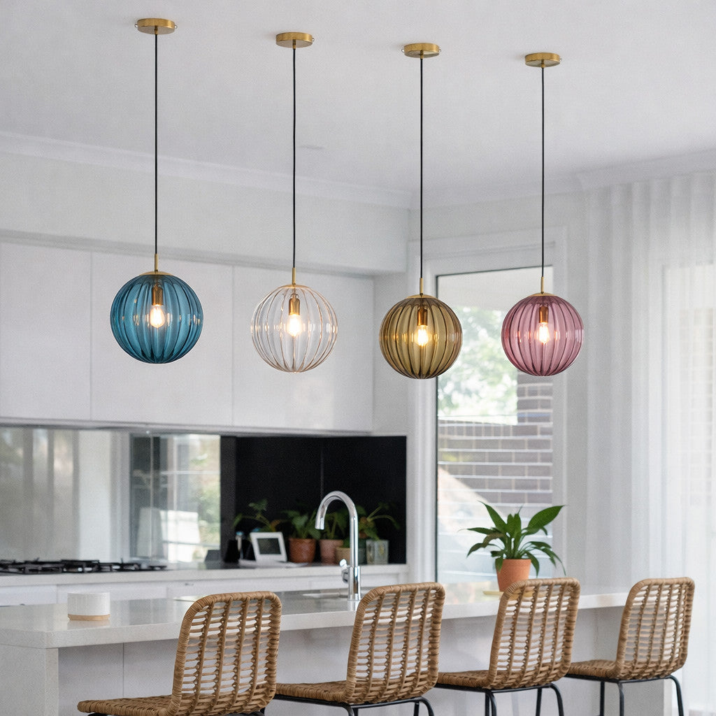 Suspension Luminaire Boule Verre Soufflé Strié – LED Intégrée