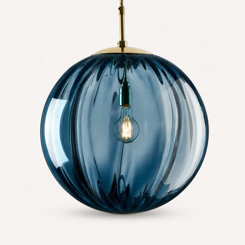 Suspension Luminaire Boule Verre Soufflé Strié – LED Intégrée