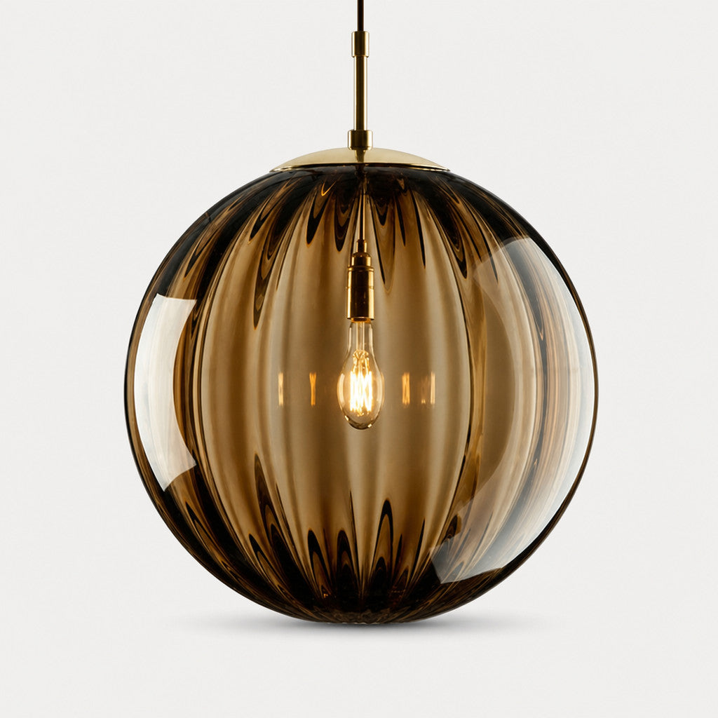 Suspension Luminaire Boule Verre Soufflé Strié – LED Intégrée