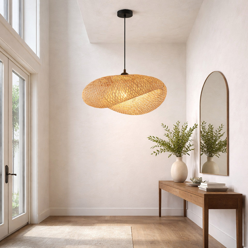 Suspension Luminaire Rotin Ovale Fait Main – Sans Ampoule