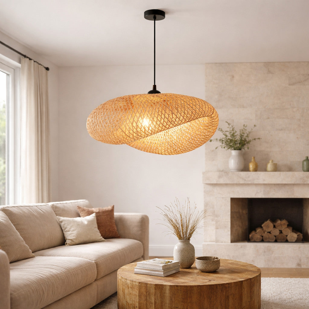 Suspension Luminaire Rotin Ovale Fait Main – Sans Ampoule
