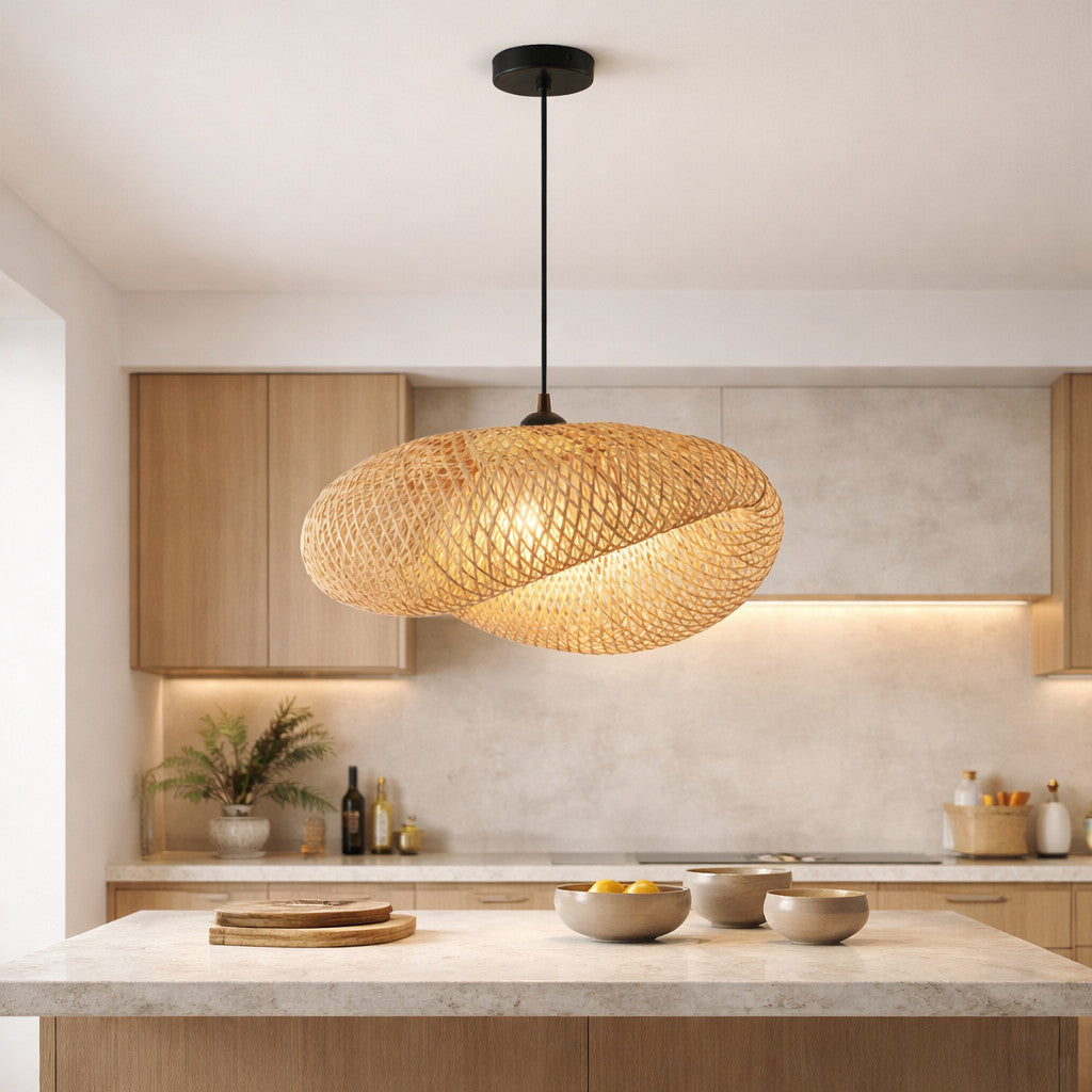 Suspension Luminaire Rotin Ovale Fait Main – Sans Ampoule