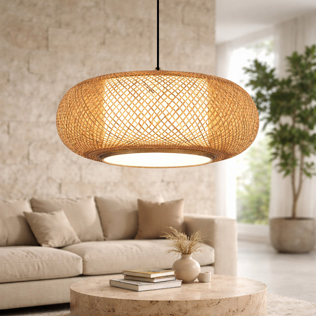 Suspension Luminaire Rotin Tambour Fait Main