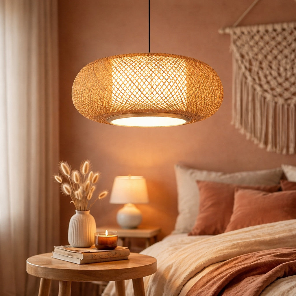 Suspension Luminaire Rotin Tambour Fait Main