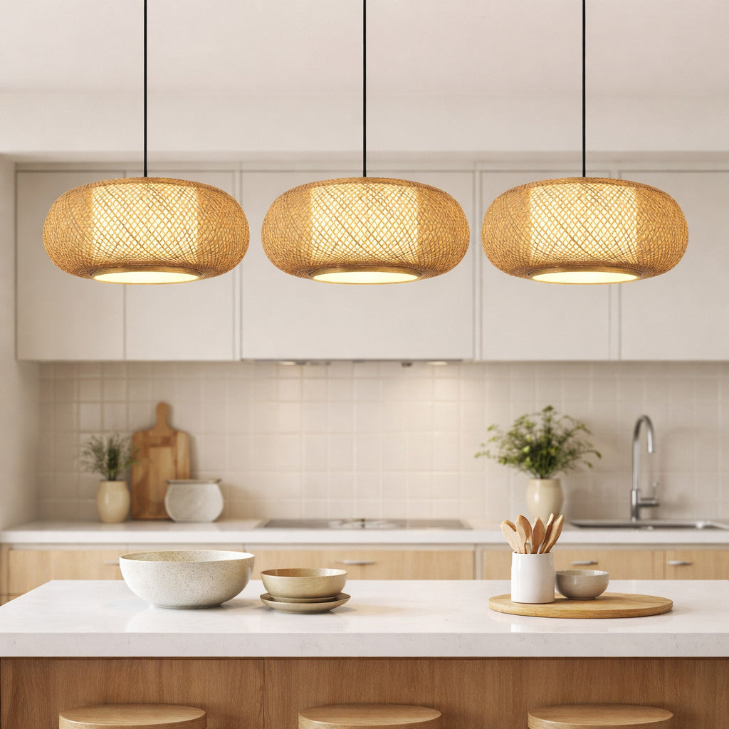 Suspension Luminaire Rotin Tambour Fait Main