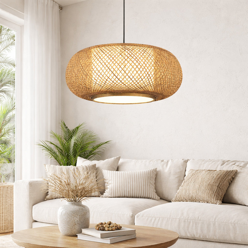 Suspension Luminaire Rotin Tambour Fait Main
