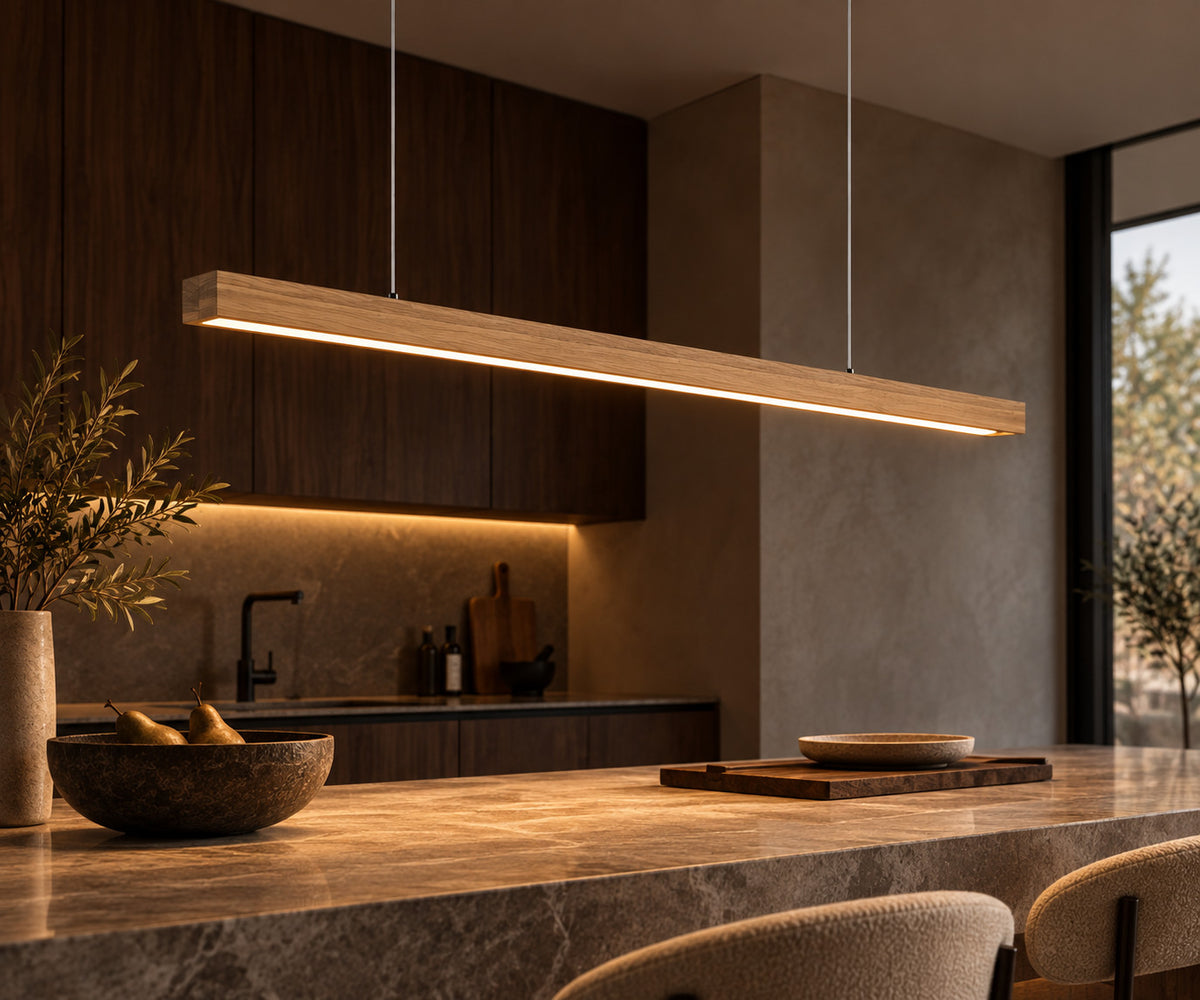 Suspension linéaire LED en bois naturel design