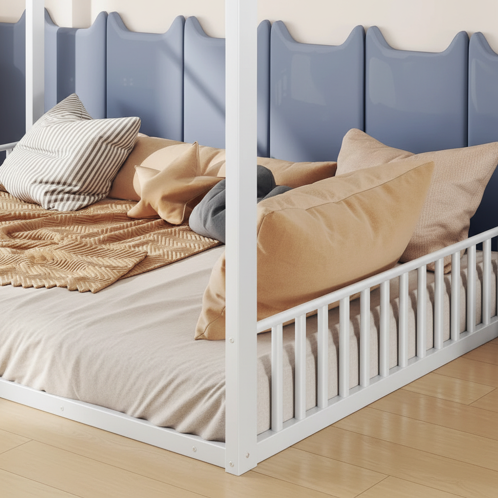 Détails cadre métallique et tête de lit bleue lit Milo