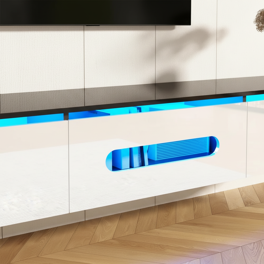 Détails finition brillante et LED bleues meuble TV NOVA