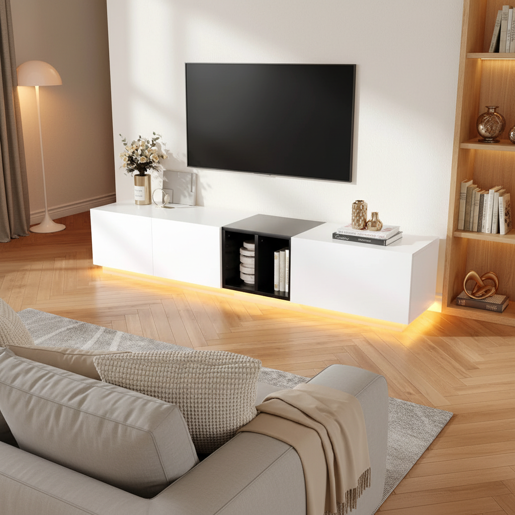 Meuble TV LUNA salon cosy avec LED allumées