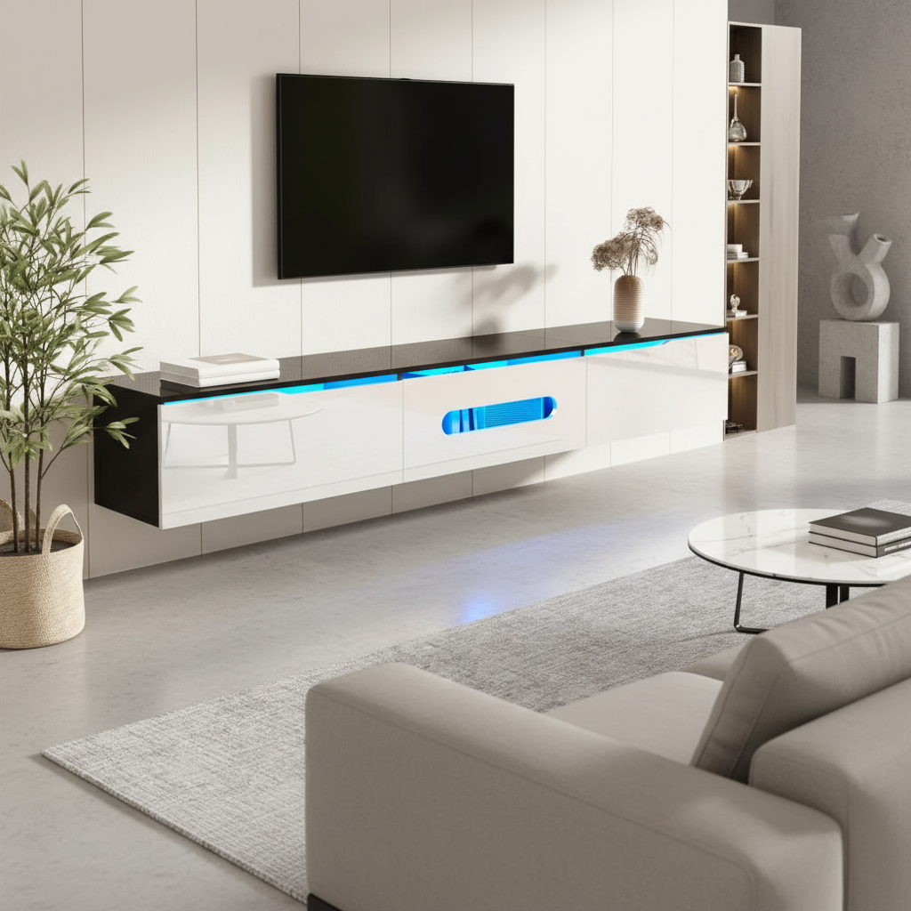 Meuble TV NOVA salon minimaliste portes ouvertes
