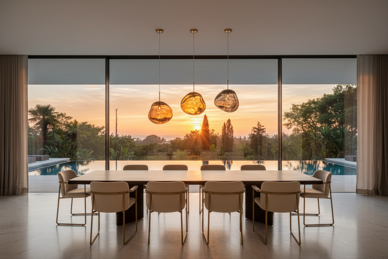 Salle à manger contemporaine avec lustres et vue piscine au coucher de soleil